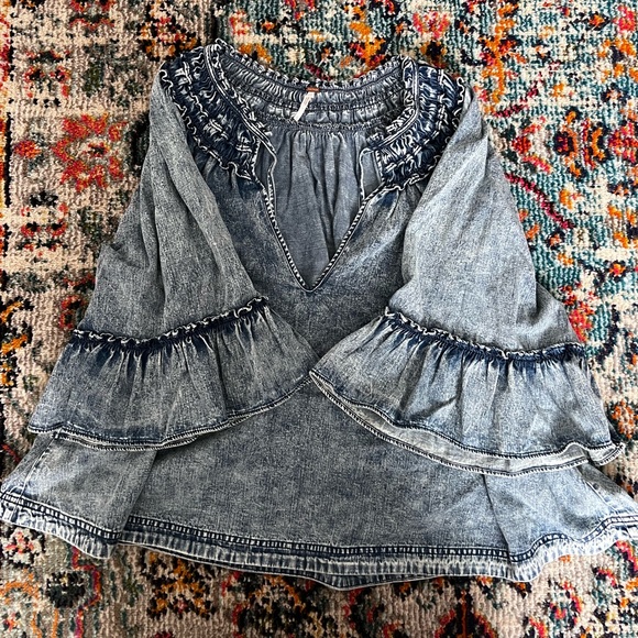 Free People Tops - Free People Washed Denim Blue Ruffle Sleeve Blouse